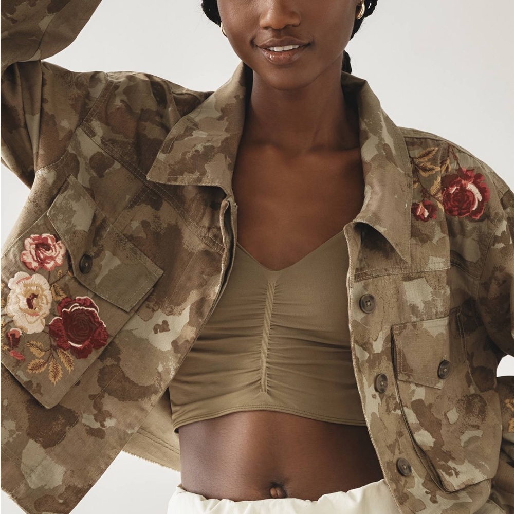 $178 By Anthropologie Floral Embroidered Camouflage Jacket